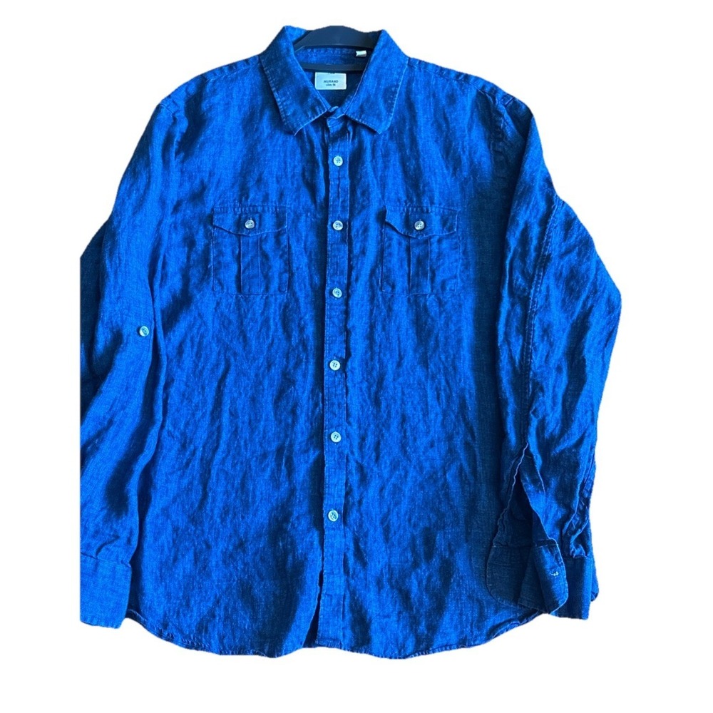 Baird McNutt Murano Linen Shirt Mens XL Blue Indigo Long Sleeve Button Slim Fit